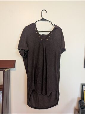 Women's Short Sleeve Hooded Tunic with Eyelet V-Neck - Dark Brown